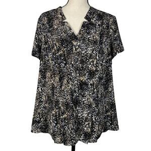 Croft & Barrow 1X-Large Top Abstract Button-Up Pleated Cap Sleeves V-Neck Multi